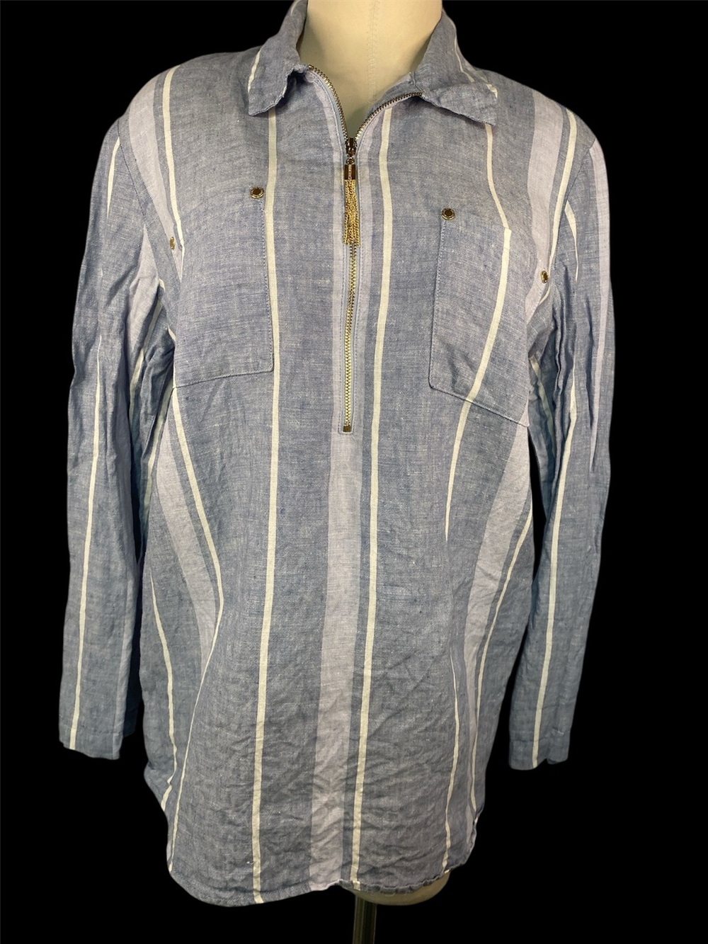 Ellen Tracy 100% linen Blue Striped Long Sleeve Pullover Shirt Women’s Large
